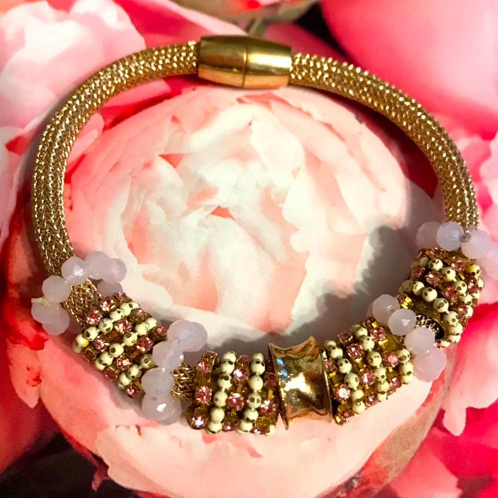 NY Style 8” Woven Gold Tone Metal Pink Rhinestone Accented Magnetic Bracelet